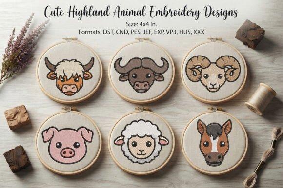 Animal embroidery designs featuring Highland cow, buffalo, ram, pig, sheep, and horse faces in wooden hoops