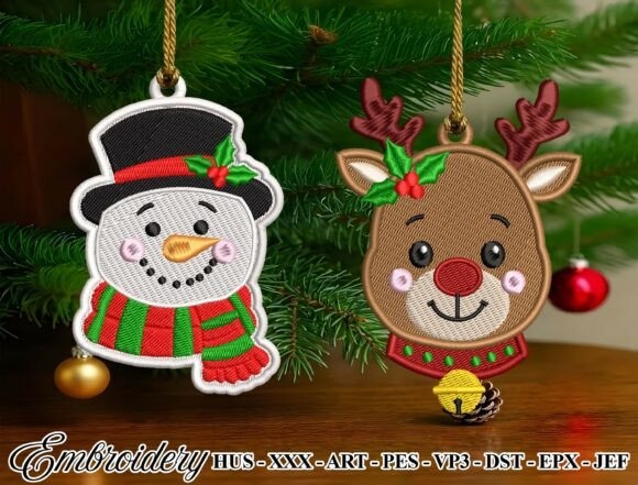 Etsy embroidery files for machine embroidery projects featuring cute holiday ornament motifs of a snowman and a reindeer