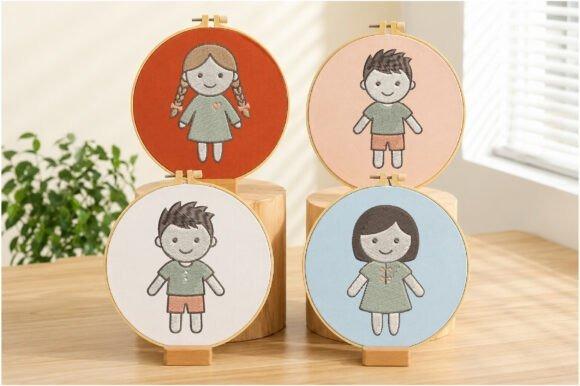 Cute kids embroidery designs featuring four cartoon boy and girl characters in hoops