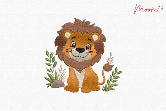 Cute lion embroidery design with botanical accents on baby blanket embroidery