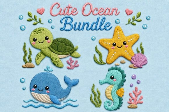 Etsy embroidery files for machine embroidery projects featuring cute ocean animals like turtle, starfish, whale, and seahorse