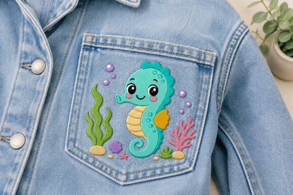 Etsy embroidery files for machine embroidery projects featuring a cute seahorse and ocean plants on a denim jacket pocket