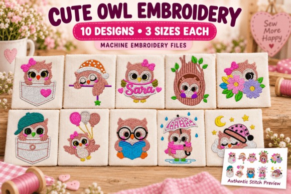 Etsy embroidery files for machine embroidery projects featuring 10 cute owl designs in 3 sizes each
