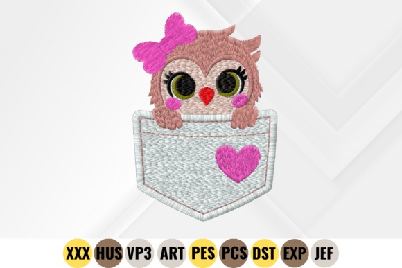 Cute owl embroidery design with pink bow and heart on pocket for Etsy embroidery files for machine embroidery projects