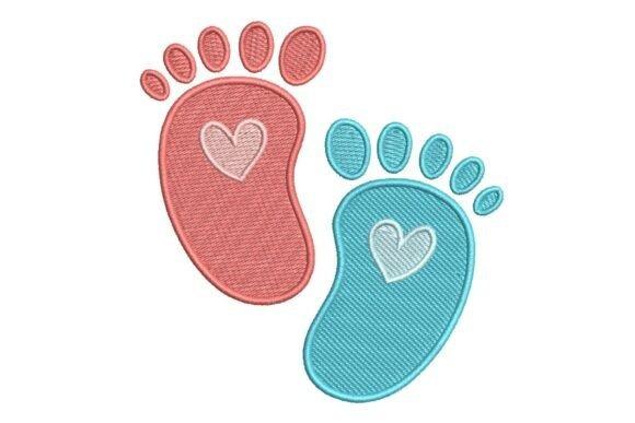 Colorful pink and blue baby footprints embroidery with heart details for baby blanket embroidery