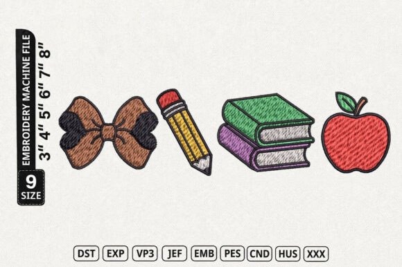 Etsy embroidery files for machine embroidery projects featuring cute school icons including a bow, pencil, books, and apple