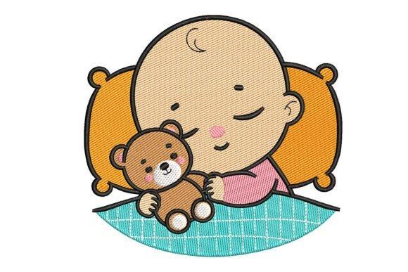 Cute sleepy baby holding a teddy bear embroidered on a baby blanket embroidery design