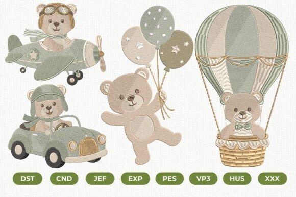 kids embroidery designs featuring teddy bears in airplane, car, holding balloons, and hot air balloon