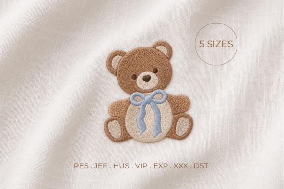 Teddy bear embroidery design with blue bow on white fabric, kids embroidery designs