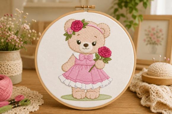 Cute teddy bear embroidery wearing pink dress and floral headband holding rose bouquet in hoop