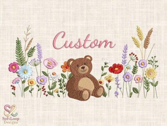 Cute teddy bear floral embroidery design with personalized name lettering surrounded by colorful — name embroidery ideas