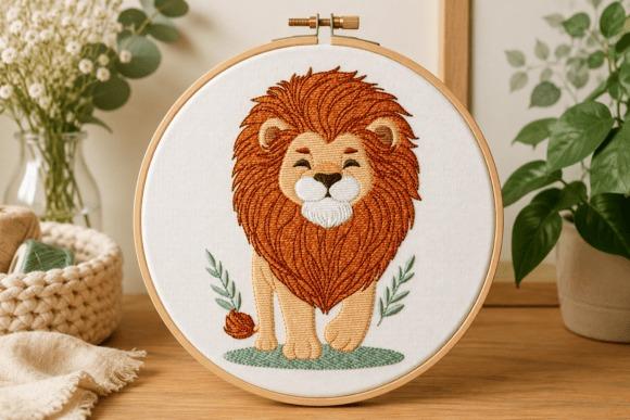 Cute lion embroidery design in a hoop for animal embroidery projects