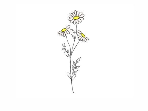 Narrow Daisy flower embroidery design with three white petals and yellow centers — flower embroidery designs