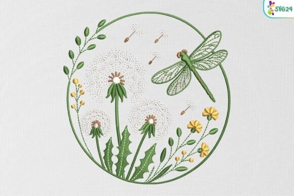 Etsy embroidery files for machine embroidery projects featuring a dandelion and dragonfly nature motif