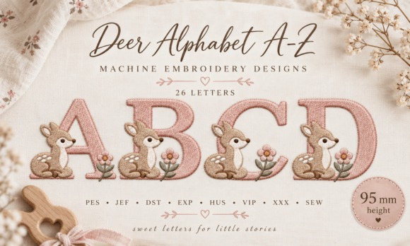 Etsy embroidery files for machine embroidery projects featuring Deer Alphabet A-F with woodland-themed letters and small deer