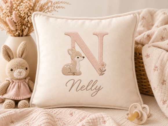 Etsy embroidery files for machine embroidery projects featuring a beige pillow with a pink letter N, a small deer, and the