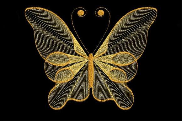 Butterfly embroidery design with delicate golden thread on black background