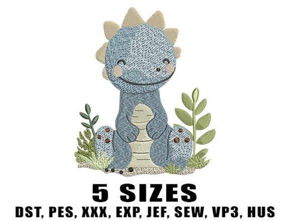 Blue dinosaur embroidery design with leaves in five sizes for kids embroidery designs