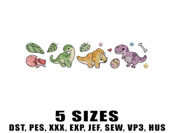 kids embroidery designs featuring a horizontal border of baby dinosaurs, leaves, bones, and eggs in multiple sizes