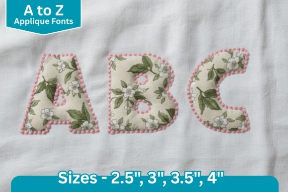 Embroidery alphabet designs showing letters A, B, C with floral fabric and pink dot edge applique