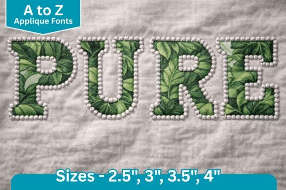 Embroidery fonts showing the word PURE in green applique letters with decorative dot line edges on fabric