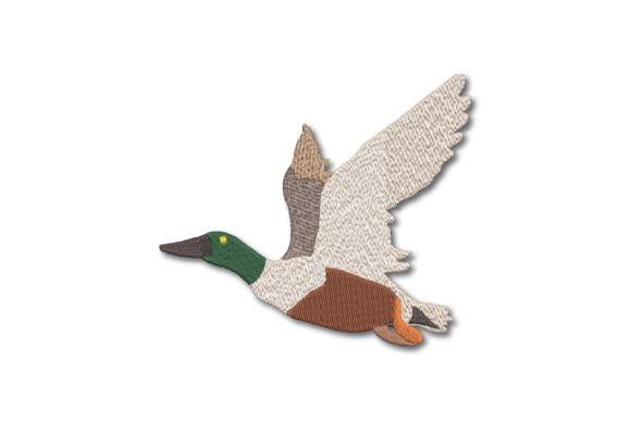 bird embroidery designs of a flying duck with green head and brown body in machine stitch style