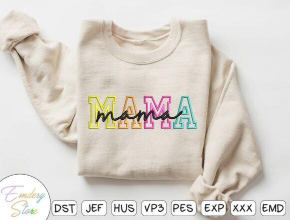 Embroidered Mama sweatshirt with colorful block letters and black script on beige fabric — Embroidery Shirt