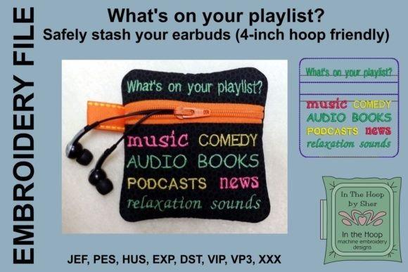 4x4 machine embroidery projects earbud holder mini zipper bag with colorful text and black earbuds