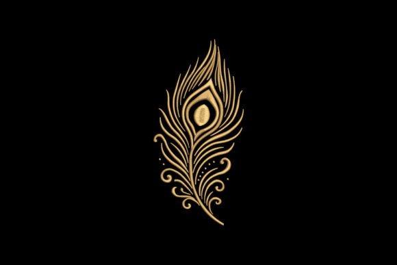 Elegant peacock feather embroidery design in gold thread on black background for colorful projects — Peacock Embroidery