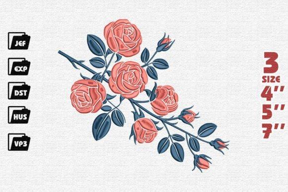 Elegant rose embroidery designs featuring a large rose branch with open roses, buds, and leaves in blue and pink