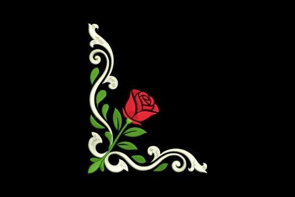Elegant rose embroidery designs featuring a red rose with green leaves and white decorative corner swirls
