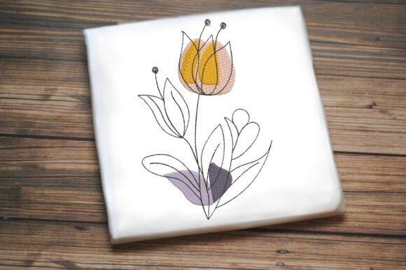 Rose embroidery designs with a one-line contour and colored petals on white fabric
