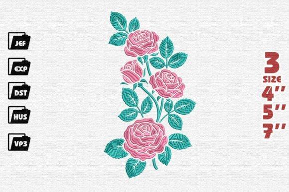 Vertical rose embroidery design with pink blooms and green leaves in three sizes — rose embroidery designs