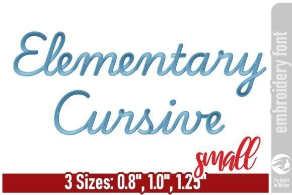 Elementary Cursive embroidery font sample in blue with three size options 0.8, 1.0, 1.2 inches