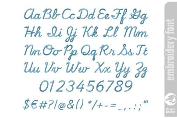 Elementary cursive embroidery font showing uppercase, lowercase letters, numbers, and symbols in cursive embroidery style