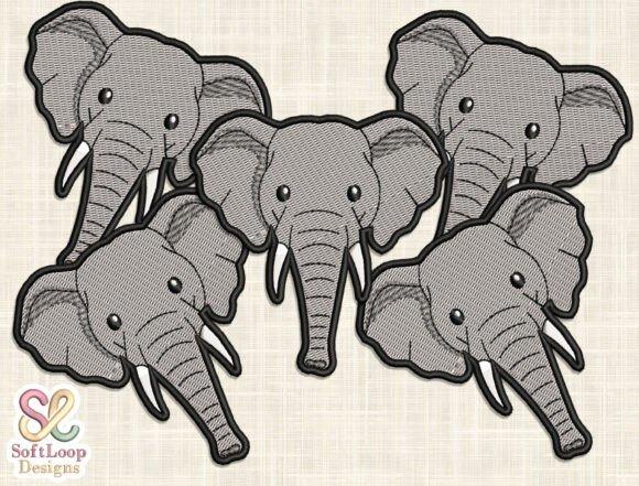 machine embroidery patch featuring five gray elephant faces with simple, neutral-colored design