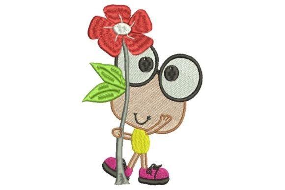 kids embroidery designs colorful childlike character holding a red flower with green leaves