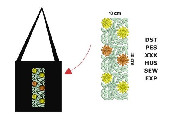 Tote bag embroidery with vertical floral design featuring yellow and orange flowers and green leaves