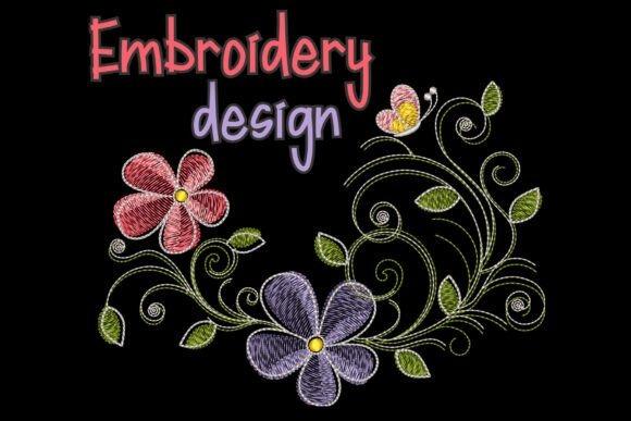 Butterfly embroidery with floral elements in pink and purple flowers and green leaves on black background