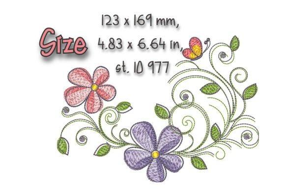 Butterfly embroidery with pink and purple flowers and green swirling leaves