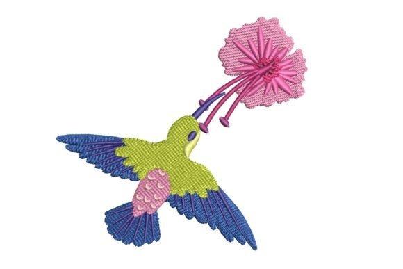 Hummingbird embroidery design with a yellow and blue bird feeding from a pink flower