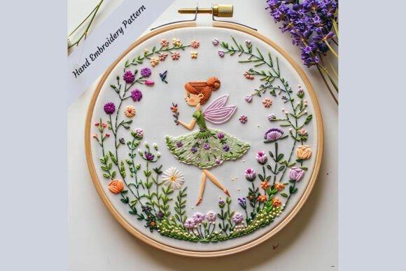 Hand embroidery designs featuring a pixie fairy surrounded by colorful flowers in a round hoop