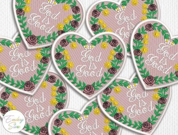 Heart-shaped machine embroidery patch with floral decoration and the phrase God Is Good