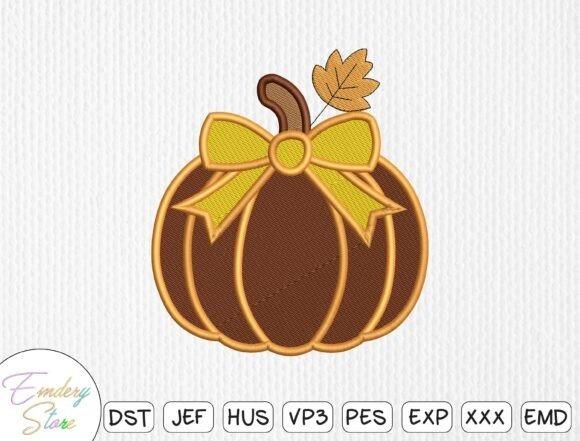 Fall embroidery designs featuring a plump pumpkin with a bow and a single leaf
