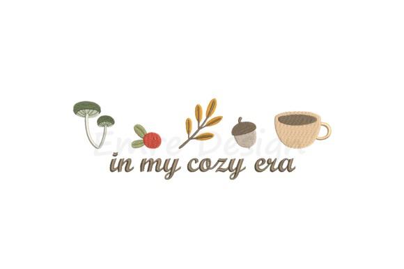 Fall embroidery designs featuring mushrooms, a red berry, autumn leaves, an acorn, and a coffee cup with text in my cozy era