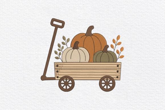 Fall embroidery designs featuring a wooden wagon filled with three pumpkins and autumn leaves