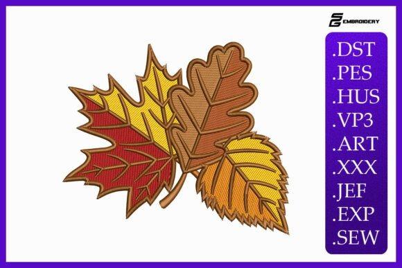 Fall leaf embroidery design featuring a cluster of red, yellow, brown, and orange leaves for autumn projects