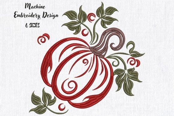 Pumpkin embroidery designs featuring a stylized pumpkin with green leaves and red accents on fabric