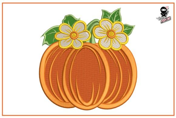 Twin pumpkin embroidery design with yellow flowers and green leaves for pumpkin embroidery designs