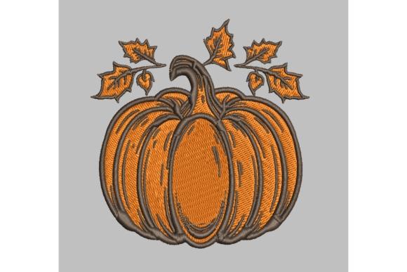 Fall embroidery designs featuring a detailed pumpkin with autumn leaves